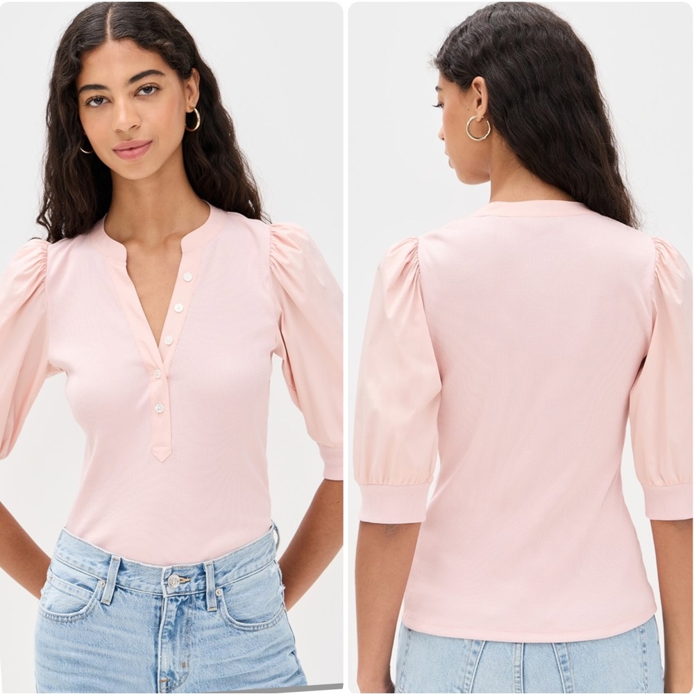 Veronica Beard Coralee Top Sz L in Pink Lightweight Ribbed Puff Sleeve Slim Fit